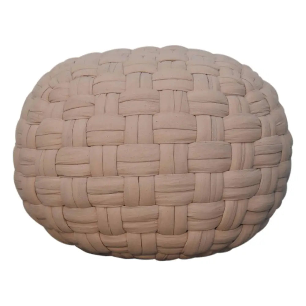 Beige woven fabric tube pouffe cream with textured interlaced pattern perfect for cozy seating and decor