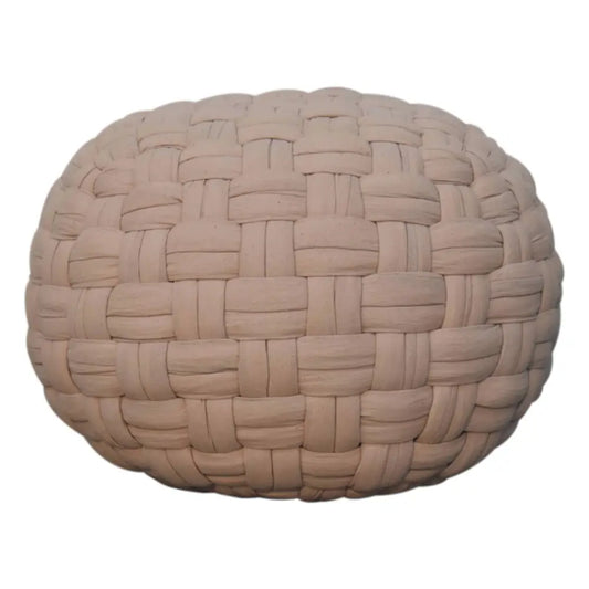 Beige woven fabric tube pouffe cream with textured interlaced pattern perfect for cozy seating and decor