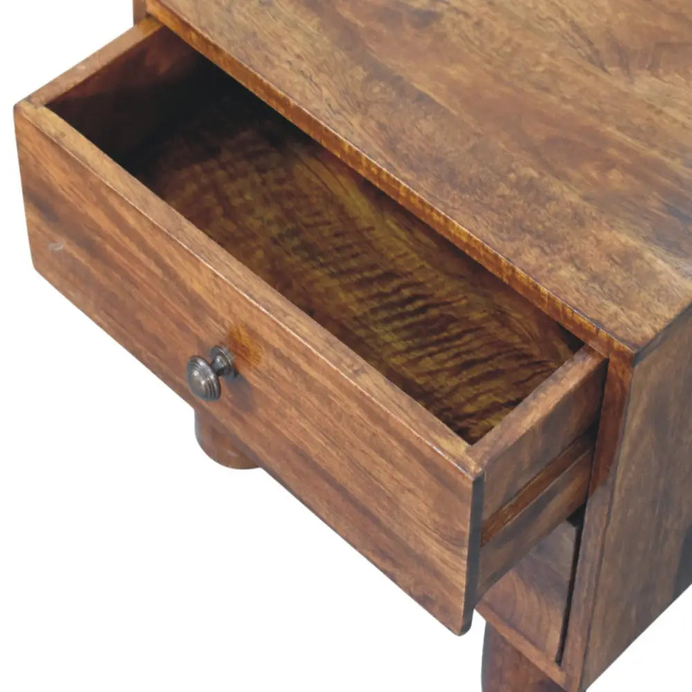 Rustic brown tula 2 drawer chestnut nightstand made of solid mango wood with visible grain and metallic knob drawer