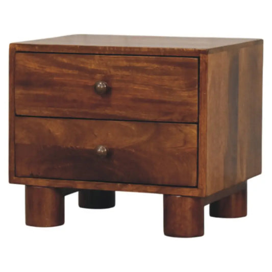 Rustic tula 2 drawer chestnut nightstand made of solid mango wood with round metal knobs and sturdy legs