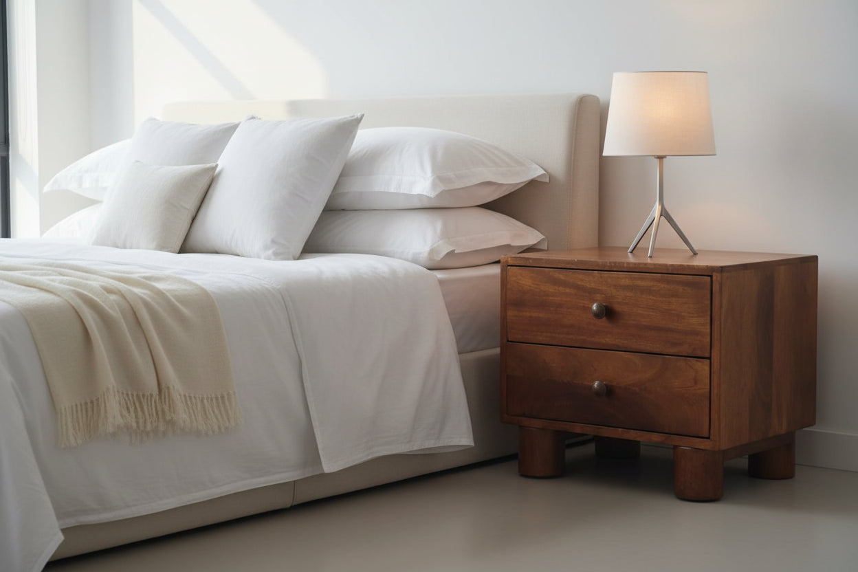 Brown wooden tula 2 drawer nightstand with round metal knobs on solid mango wood and cylindrical block legs