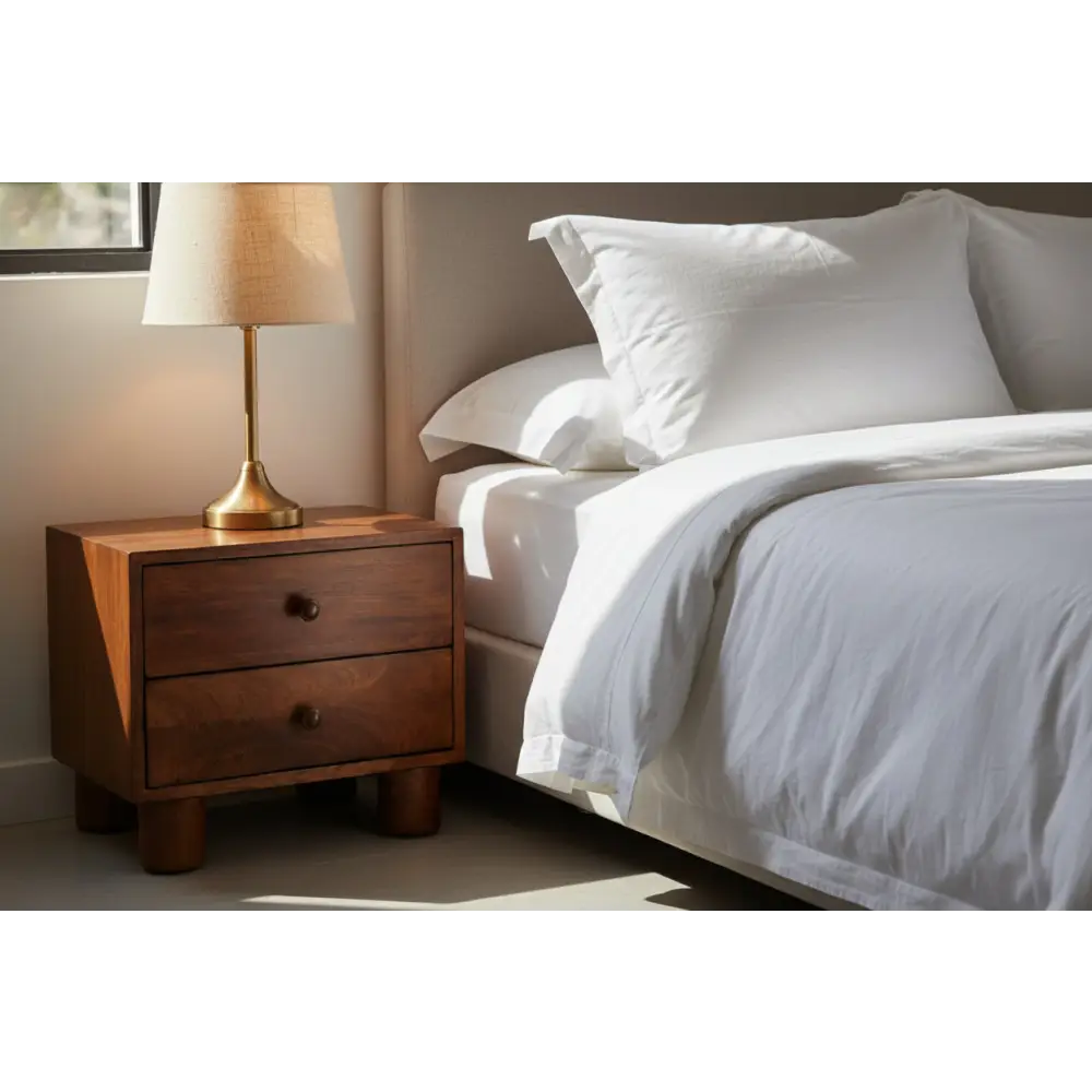 Tula 2 drawer chestnut nightstand in warm solid mango wood with dark round knobs and two drawers