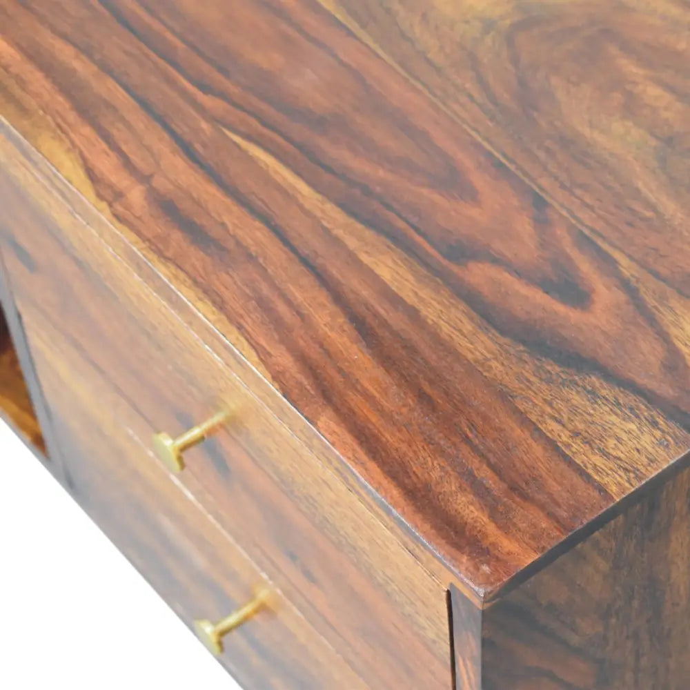 Rich dark brown wooden tula media unit with smooth finish and two drawers with brass handles for media storage