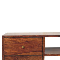 Rich brown wooden tula media unit with single drawer and brass knob perfect as a stylish media unit