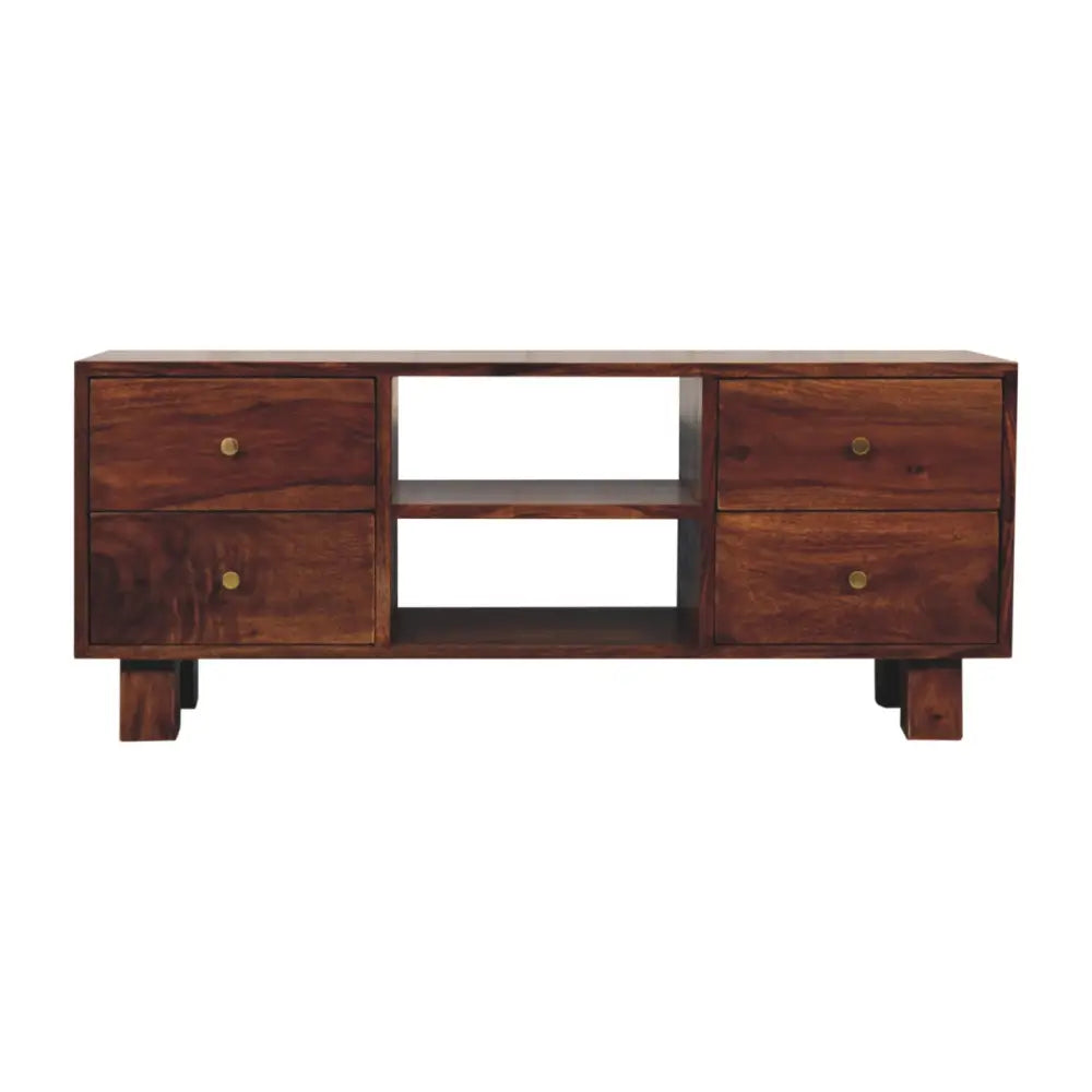 Minimalist wooden media unit with dark brown finish and sleek modern design from the tula media unit collection