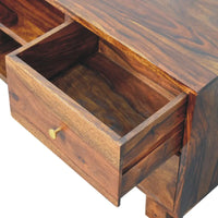 Rich dark brown wooden tula media unit console table with visible grain and brass knob on an open drawer
