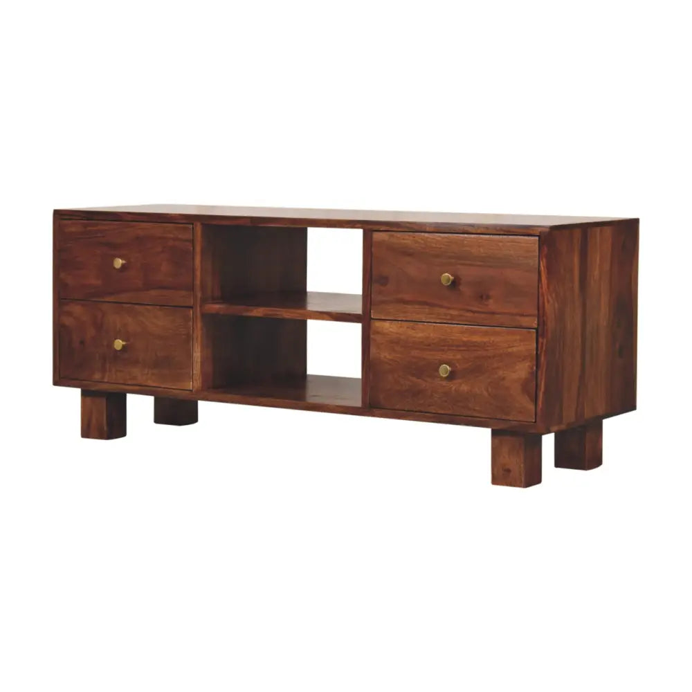Dark brown wooden tula media unit with four drawers and brass knobs for stylish storage and display