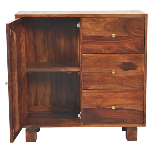 Dark brown wooden tula mini sideboard with three drawers, one open door, and brass round knobs