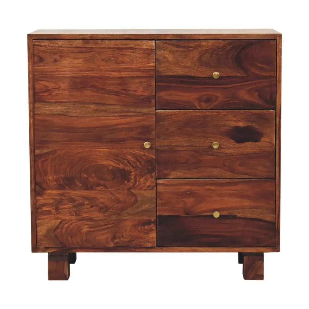 Rich dark brown wooden tula mini sideboard with natural wood grain finish and brass round knobs perfect as a mini sideboard