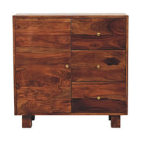 Rich dark brown wooden tula mini sideboard with natural wood grain finish and brass round knobs perfect as a mini sideboard