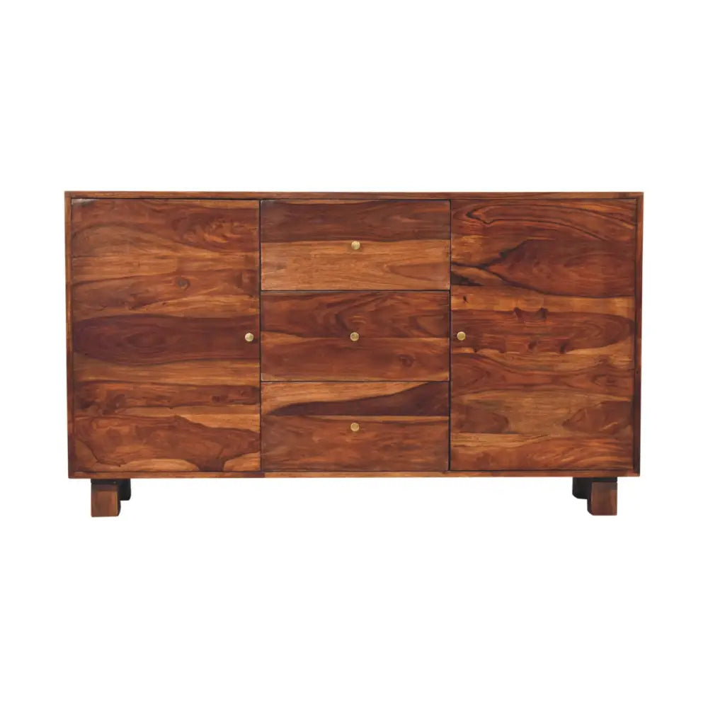 Rich warm-toned wooden tula sideboard with three drawers two cabinet doors and brass knobs sideboard features