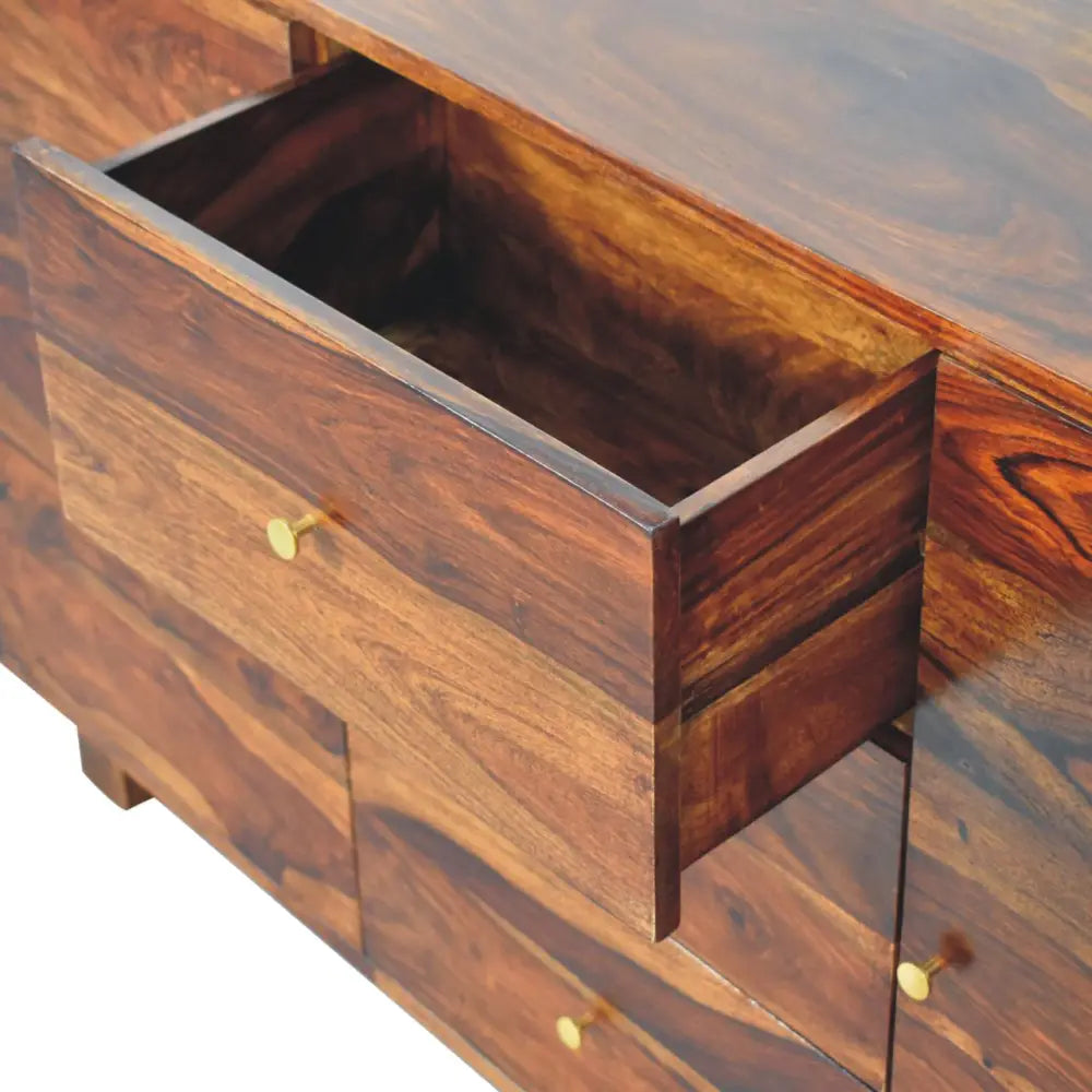 Tula sideboard with rich dark brown wood grain and brass knobs showcasing stylish sideboard features