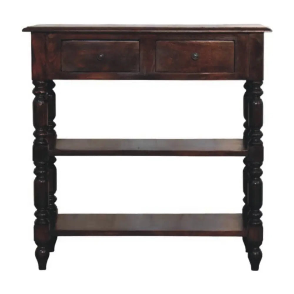 Dark brown wooden console table with two drawers three shelves and turned legs cherry side table design
