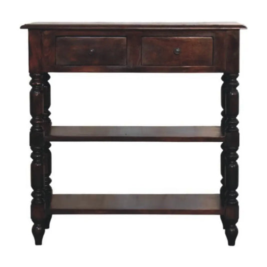Dark brown wooden console table with two drawers three shelves and turned legs cherry side table design