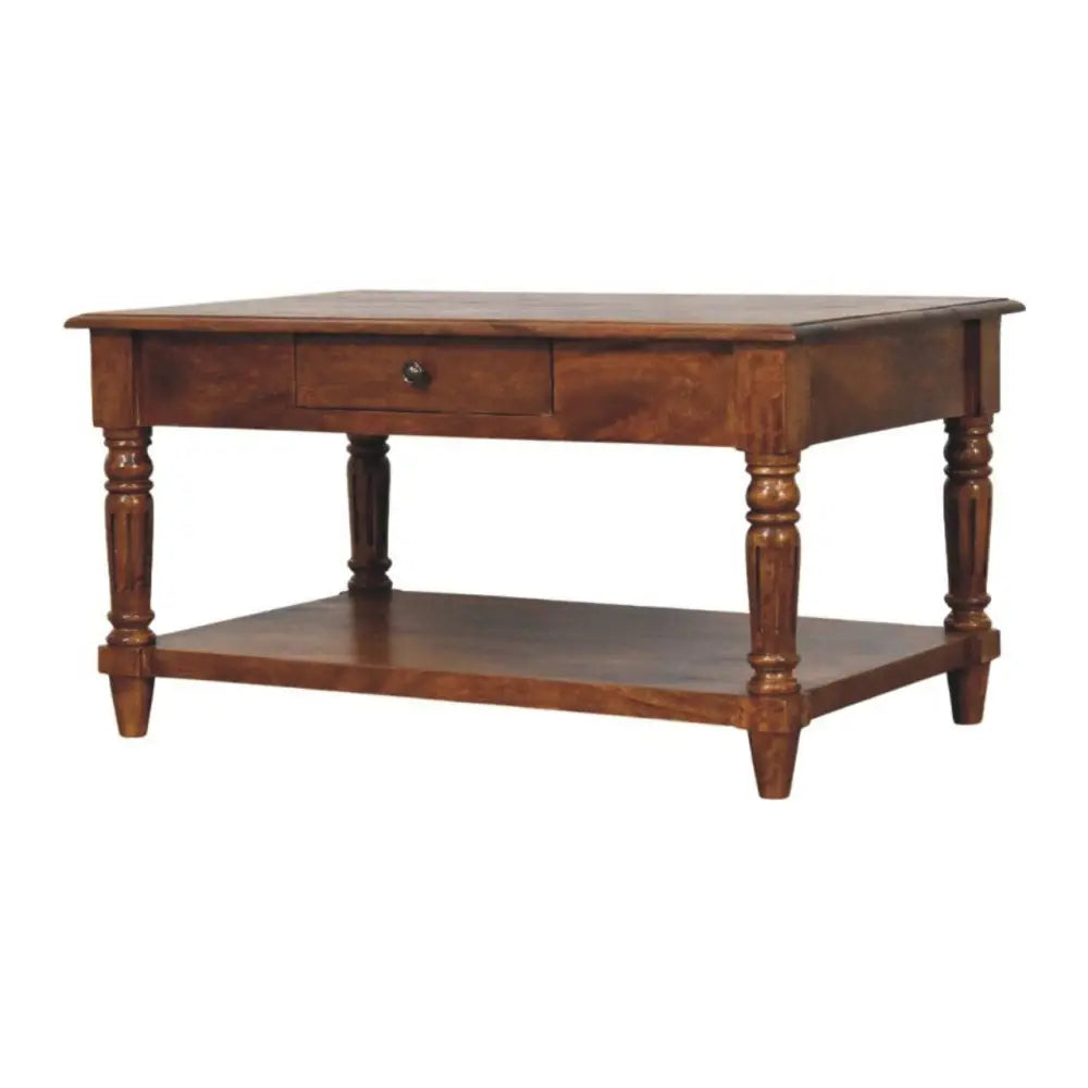 Rustic brown wooden coffee table with turned legs and single drawer perfect for living room use