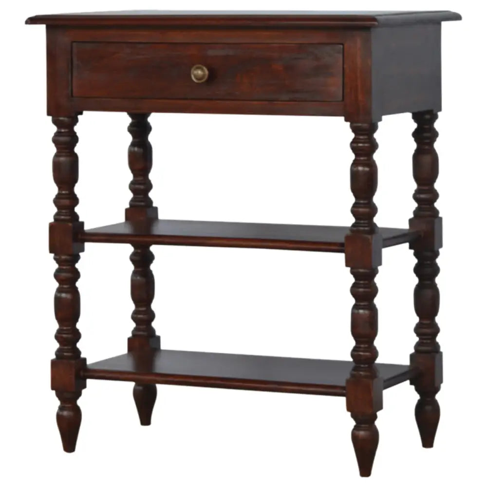 Dark brown wooden turned occasional table with single drawer and two open shelves on turned legs