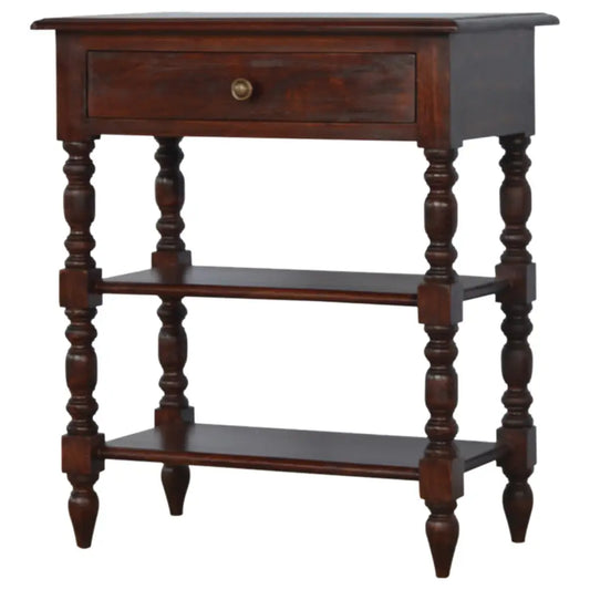 Dark brown wooden turned occasional table with single drawer and two open shelves on turned legs