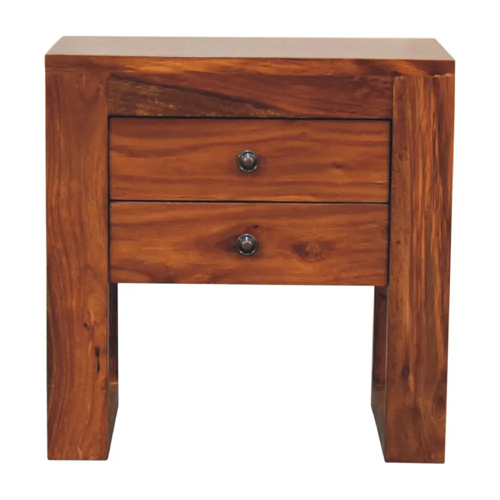 Solid wood nightstand with two drawers and round metallic knobs in a honey finish from u-square honey bedside collection