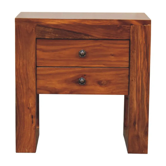 Solid wood nightstand with two drawers and round metallic knobs in a honey finish from u-square honey bedside collection