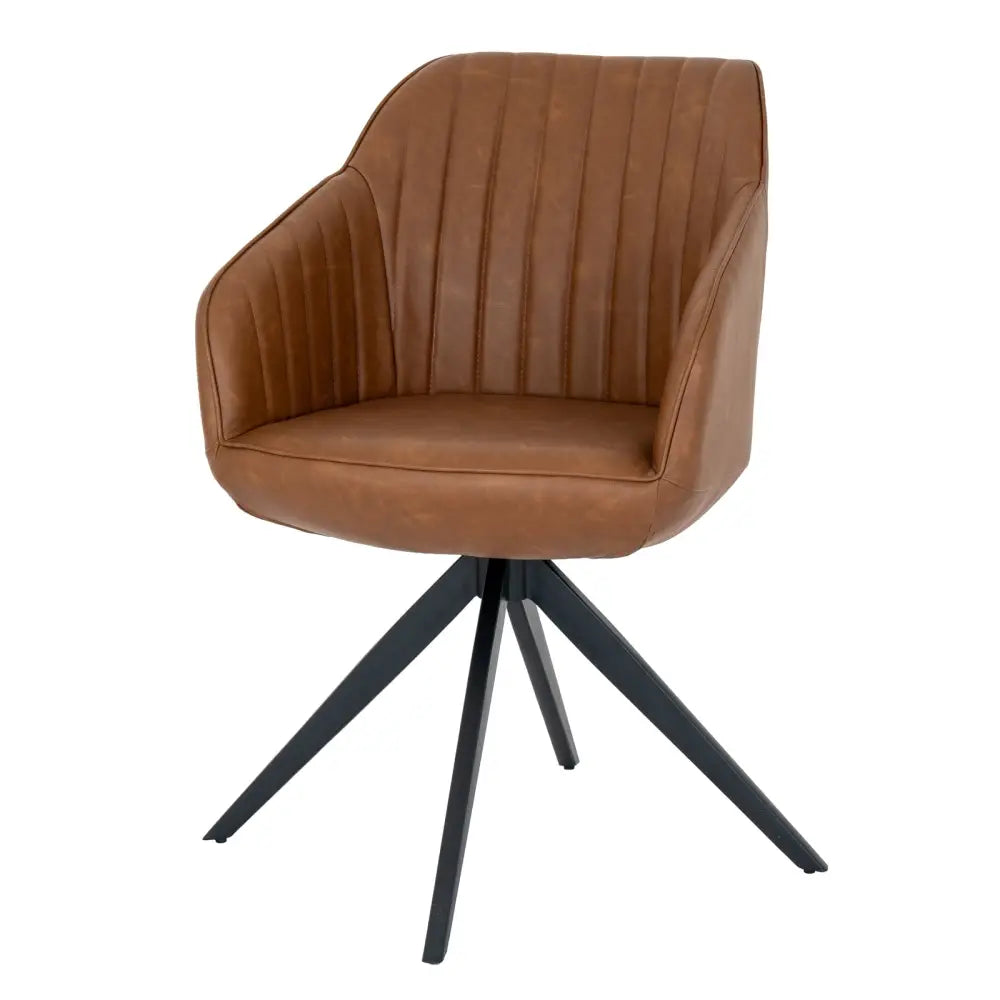 Brown leather uppsala tan chair with vertical stitching and black metal star base for stylish seating