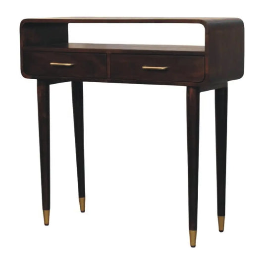 Valenza console table in dark solid mango wood with two drawers gold handles and brass leg caps