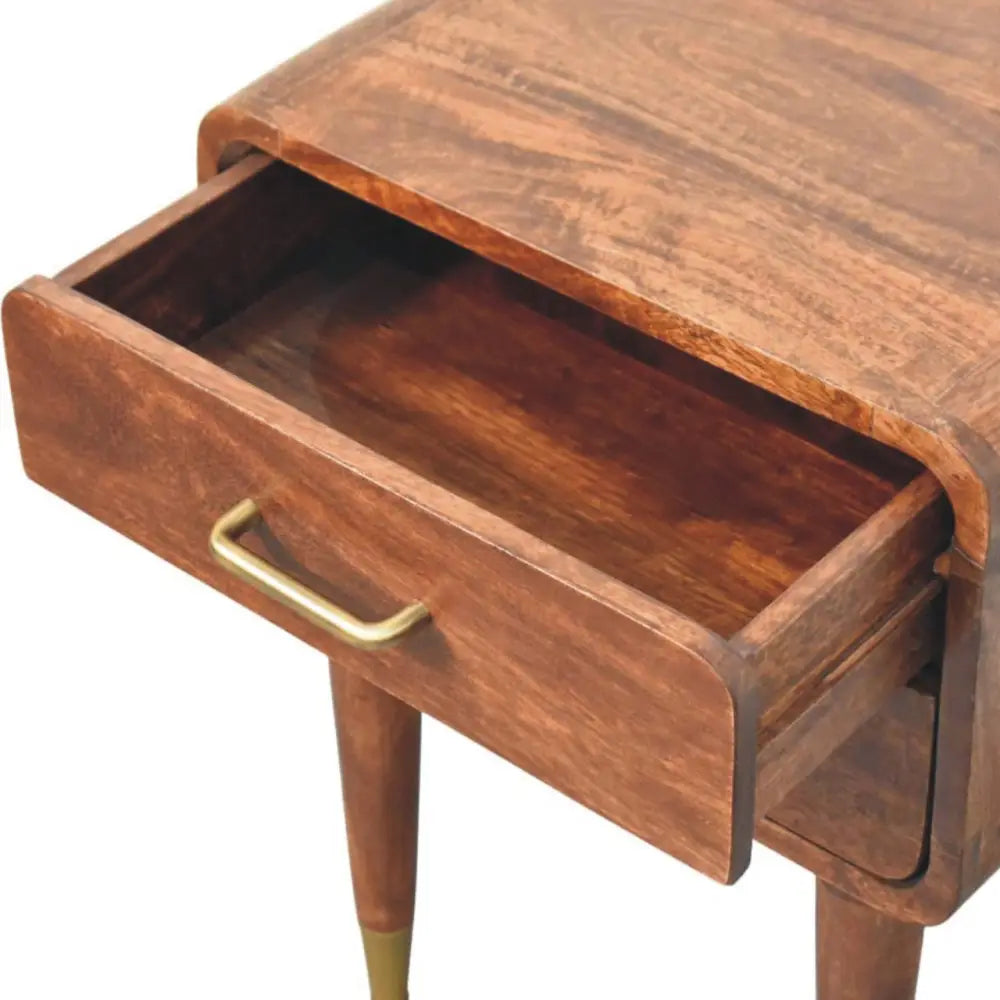 Valenza two-drawer bedside table in solid mango wood with rich brown finish and curved brass handle