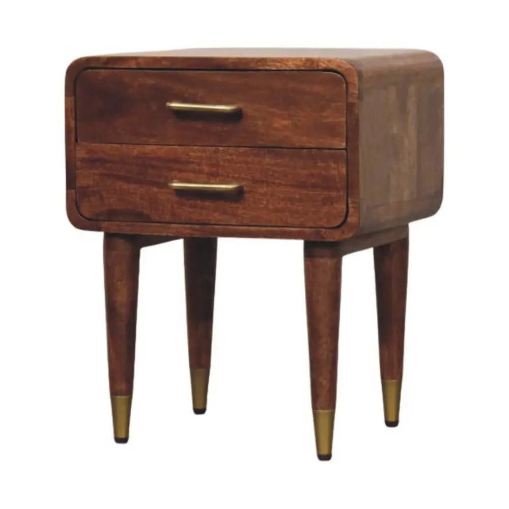 Rustic valenza two-drawer bedside table made of solid mango wood with brass handles and gold-tipped legs
