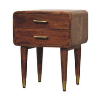 Rustic valenza two-drawer bedside table made of solid mango wood with brass handles and gold-tipped legs