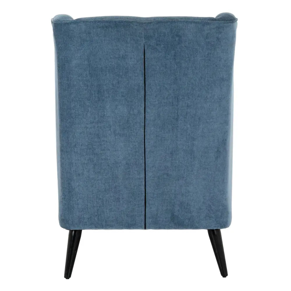 Navy blue textured vellis wingback armchair with blue textured fabric and black tapered legs for stylish seating