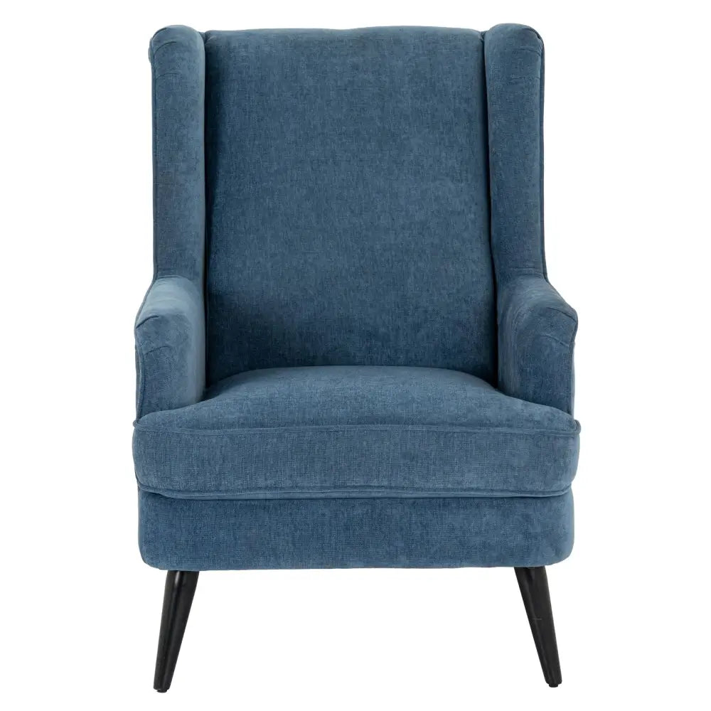 A plush navy blue vellis wingback armchair with textured fabric upholstery and sleek black tapered legs