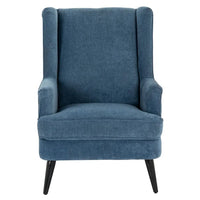A plush navy blue vellis wingback armchair with textured fabric upholstery and sleek black tapered legs