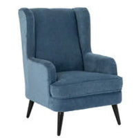 Vellis wingback armchair in navy blue textured fabric with dark wooden legs and plush upholstered design