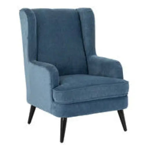 Vellis wingback armchair in navy blue textured fabric with dark wooden legs and plush upholstered design