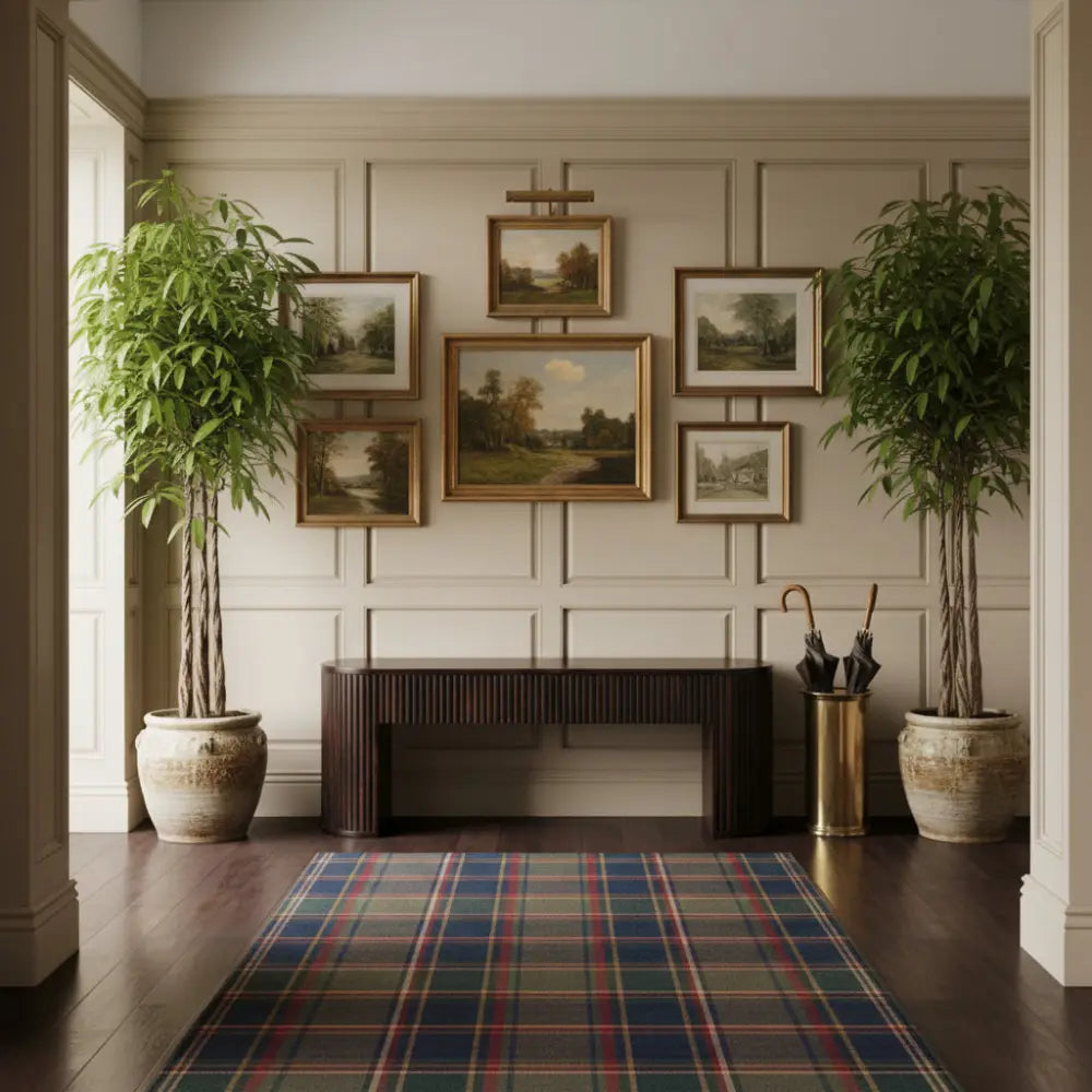 A plaid runner rug with red green blue and beige lines complements the velvet mocha fluted bench in mocha fluted style