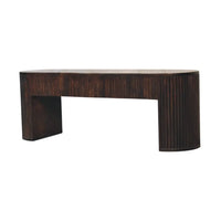 Dark brown wooden console table with vertical ribbed texture and curved legs for mocha fluted bench decor