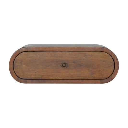 Antique oval wooden drawer with dark brown finish and brass knob for wall mounted round chestnut bedside use
