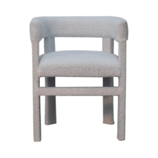A plush light gray white boucle occasional chair with textured fabric and rounded arms perfect for any space