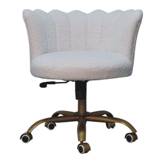 White boucle swivel chair with plush scalloped back and gold tone metal base perfect for office use
