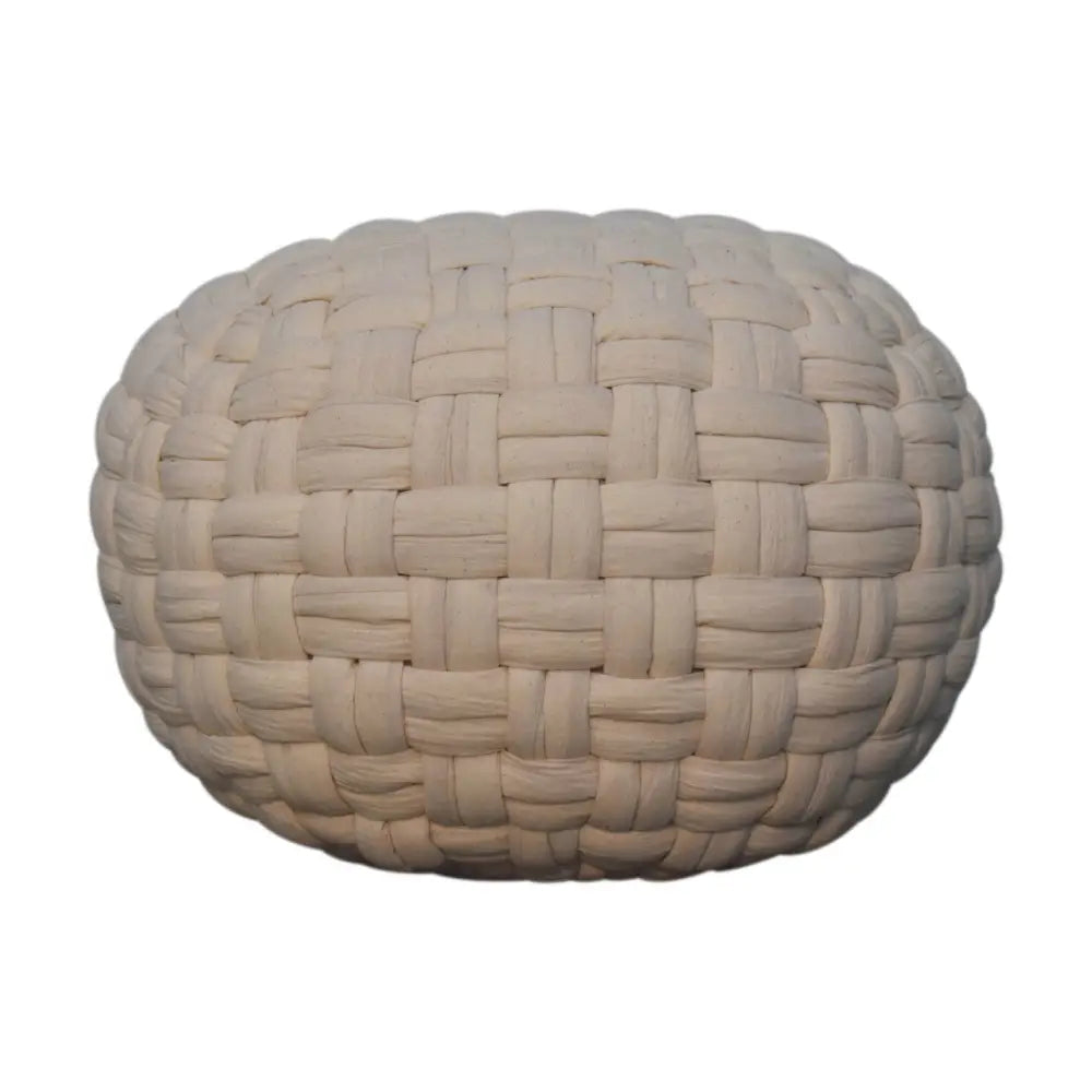 Cream-colored woven textured fabric white tube pouffe perfect as a cozy tube pouffe for any space
