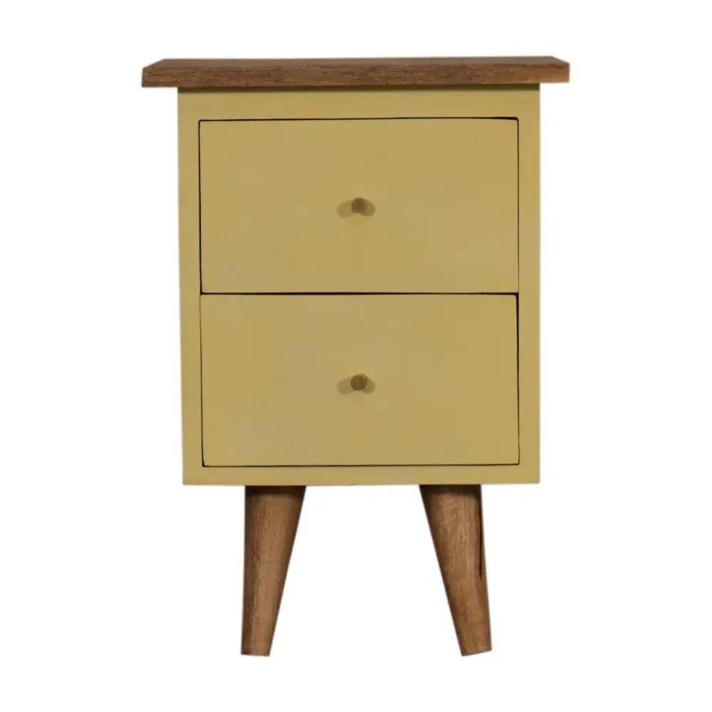 A mid-century modern yellow hand painted bedside with a wooden top and tapered legs for bedroom use