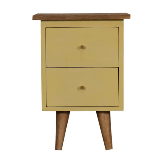 A mid-century modern yellow hand painted bedside with a wooden top and tapered legs for bedroom use