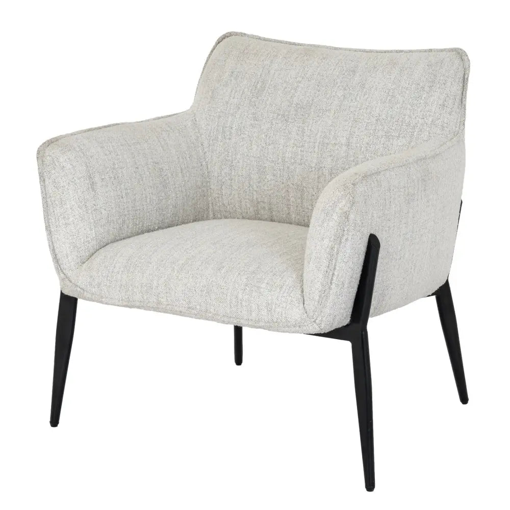 Zephra chair with softly contoured silhouette features light gray textured fabric and sleek black metal legs