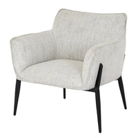 Zephra chair with softly contoured silhouette features light gray textured fabric and sleek black metal legs