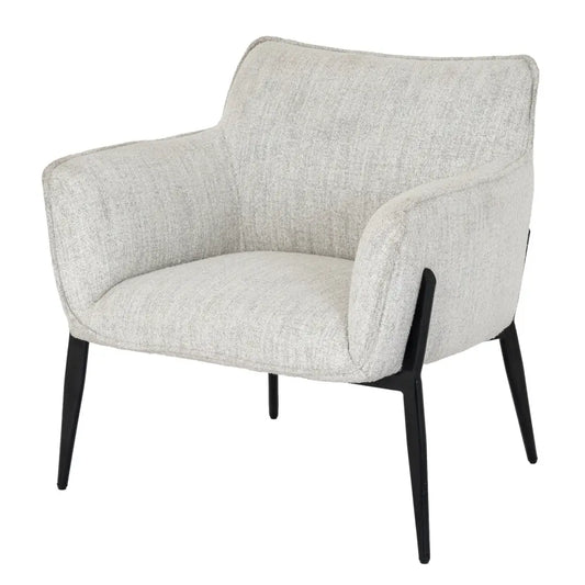 Zephra chair with softly contoured silhouette features light gray textured fabric and sleek black metal legs