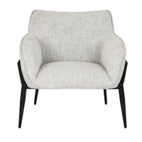 Modern zephra chair with softly contoured silhouette, light gray textured fabric upholstery, and sleek black metal legs