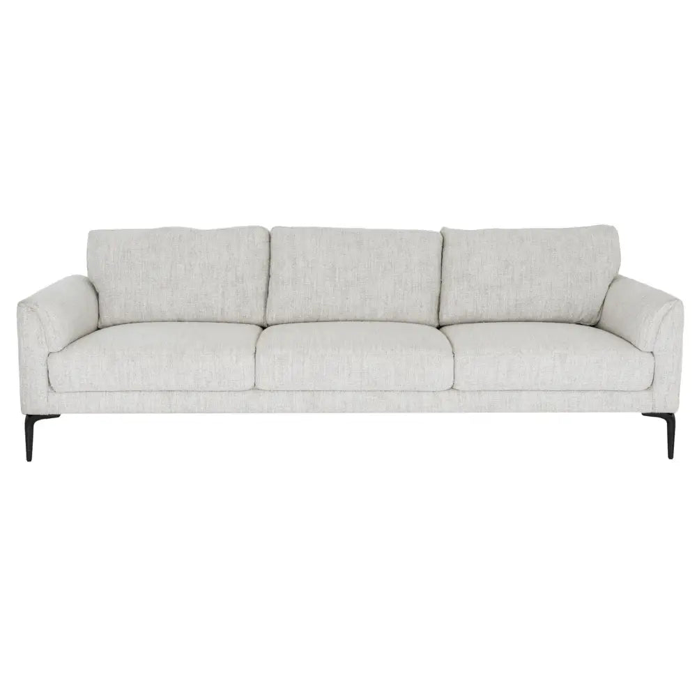 Beige textured fabric three seater sofa with sleek black metal legs from the zephra three seater sofa with footstool set