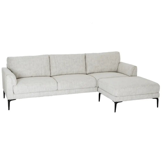 Beige textured fabric zephra three seater sofa with black metal legs and matching footstool for comfy seating